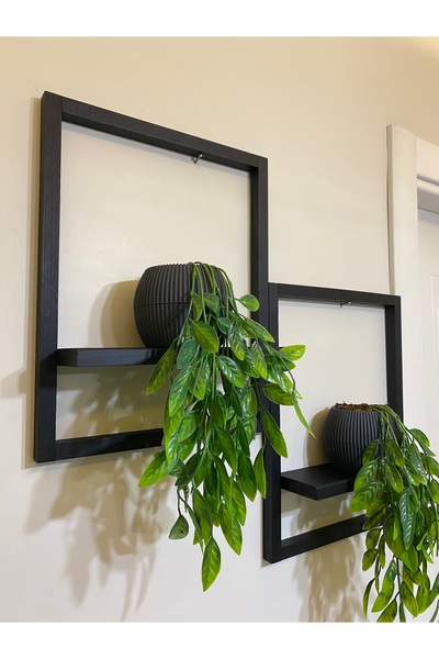 ViraHome 2' Li Lüx Dekoratif Siyah Ahşap Çerçeveli Raf Çiçeklik Duvar Süsü Ev Antre Hol Balkon Süsü