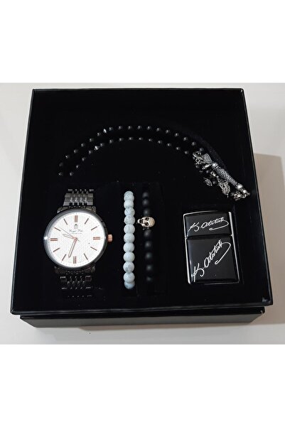 renkli çiçekler Erkek Saat Erkek Kol Saati Çakmak Tesbih Bileklik Set