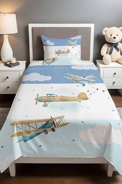 EVPANYA Şeritli Mavi Uçaklar Desenli Pike Seti (160x230cm)