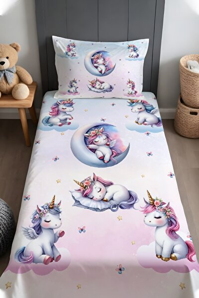 EVPANYA Uyuyan Unicornlar Desenli Yatak Örtüsü ve Yastık Kılıfı