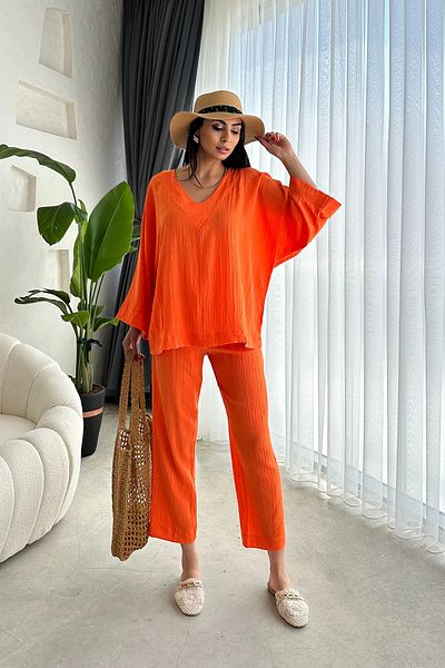 Ortaya Çık Orange Lower Upper V-Neck Seersucker Set