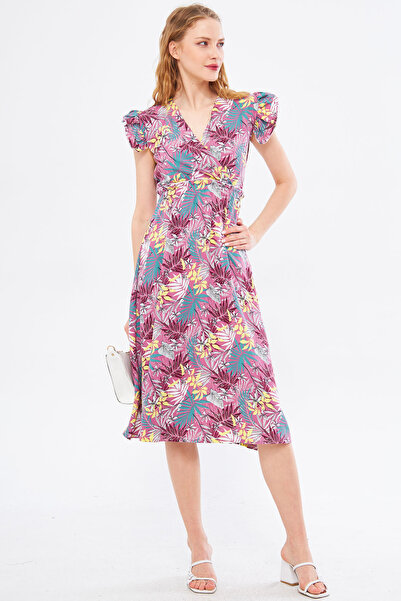 armonika Γυναικείο αποξηραμένο τριαντάφυλλο φόρεμα Miden με διπλό στήθος γιακά βολάν ώμου Λεπτομερές ελαστικό μήκος μέσης Midi ARM-24Y001020