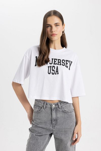 DeFacto Übergroßes, bedrucktes Kurzarm-T-Shirt mit Rundhalsausschnitt C7714ax24sm