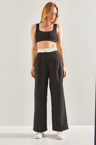 Bianco Lucci 60241010 Model Contrast Waist Striped Women's Woven Trousers