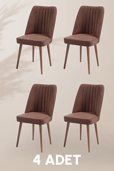 MYMASSA Polo Sandalye - Jerika Kahve - Ahşap Ceviz Ayak (4 ADET) - Salon Sand...