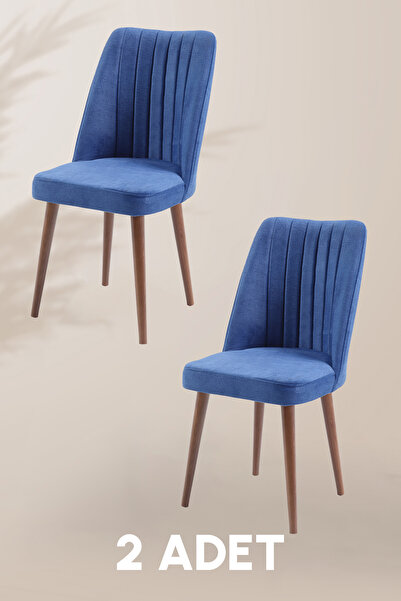 MYMASSA Polo Sandalye - Jerika Mavi - Ahşap Ceviz Ayak ( 2 Adet ) - Salon San...