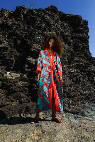 Flow by Eda Tümer Uzun Kimono - Kırmızı Yeşil