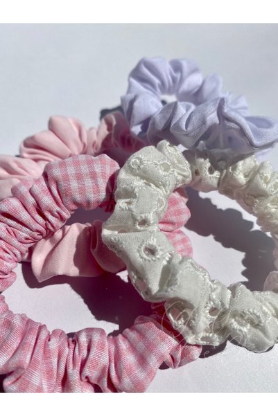 Golden Needle Pötikareli Fisto Pembe Beyaz 4'lü Set Kadın Çocuk Lastik Toka Scrunchie El Yapımı