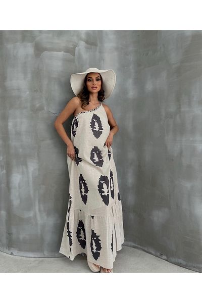 NARKISS Rochie cravată pe un umăr cu model de culoare piatră