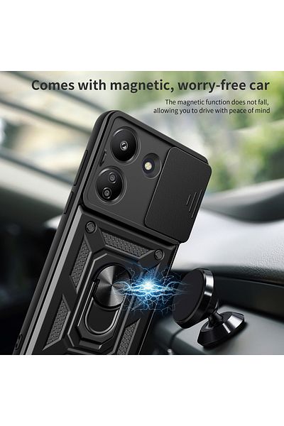 Fibaks حافظة لهاتف Xiaomi Redmi 13C مع غطاء حماية للكاميرا مع حلقة انزلاقية وغطاء حماية للدبابات العسكرية