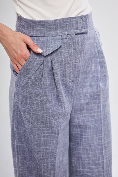 THIFF GYMWEAR Mavi Yüksek Bel Pileli Cep Detaylı Cırtlı Kadın Kumaş Palazzo Pantolon