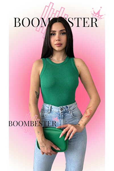 BoomBester Πράσινη γυναικεία μπλούζα καμισόλε - Αμάνικη, μακριά κροπ, εσώρουχα πάνω από την κοιλιά
