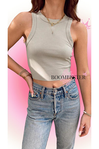 BoomBester Γκρι γυναικείο μπλουζάκι καμισόλε - Αμάνικο, μακρύ κροπ, εσώρουχο κοιλιάς