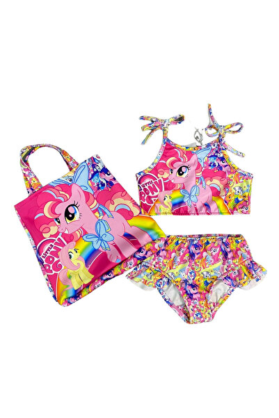 MODARVİ Kız Çocuk Çantalı Fırfırlı My Little Pony Baskılı Üçlü Bikini Takımı