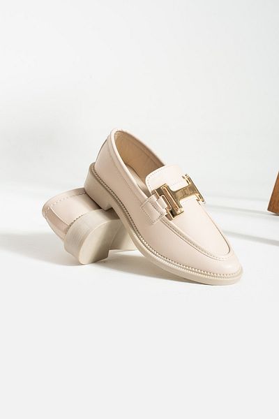 İnan Ayakkabı Women's Beige Color (Metal Buckle) Detailed Daily Moccasin Casual Loafer