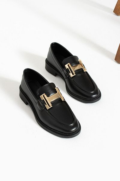 İnan Ayakkabı Mocasin de zi cu zi cu detaliu de culoare neagră pentru femei (cataramă metalică).