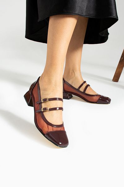 İnan Ayakkabı Burgundy Women's Thick Heeled Shoes - 4 Cm Heel