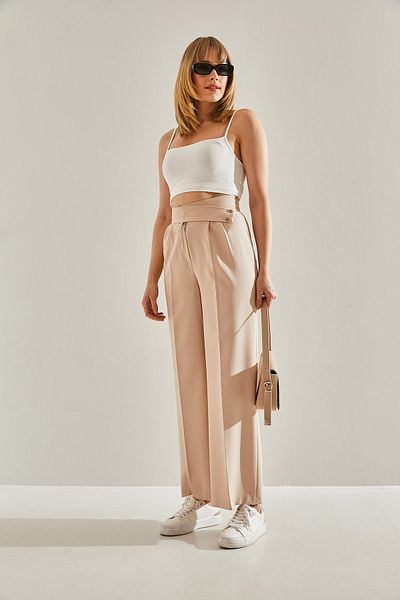 Bianco Lucci High Waist Beige Palazzo Trousers - Double Fabric60251016