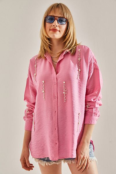 Bianco Lucci Pink Linen Oversize Women's Shirt - Pearl Stone Detail60251004