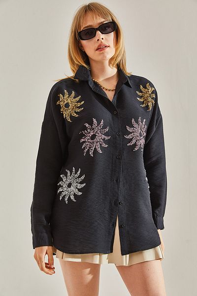 Bianco Lucci Black Linen Oversize Shirt - Sun Pattern, Sequin Embroidered60251008