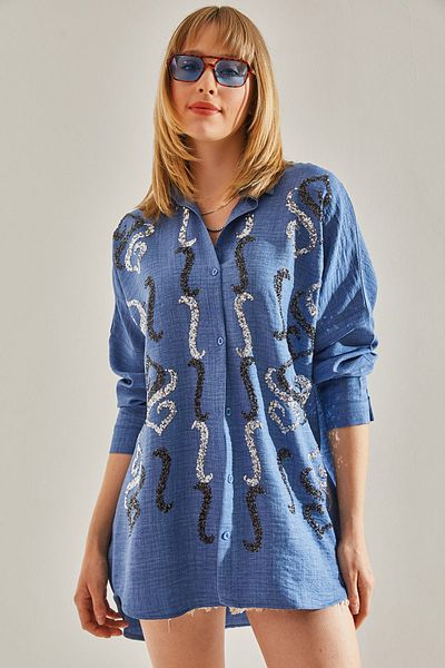 Bianco Lucci Cămașă oversize pentru femei cu detaliu de piatră albastră - 60251032