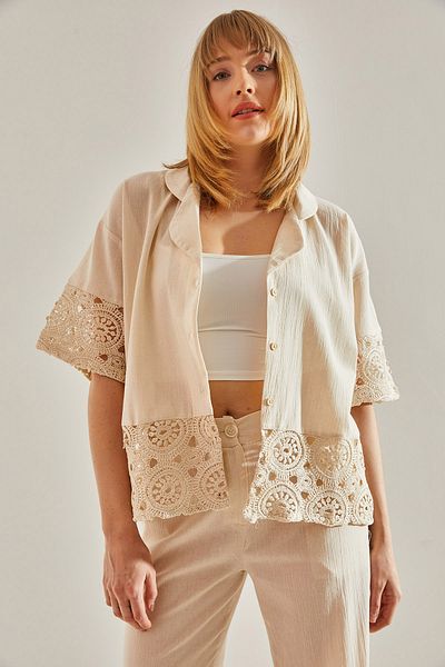 Bianco Lucci Linen Lace Detailed Cream Muslin Shirt - Jacket Collar60251014