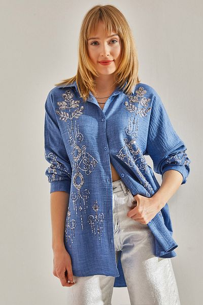 Bianco Lucci Cămașă oversize pentru femei cu detaliu de piatră albastră - 60251031