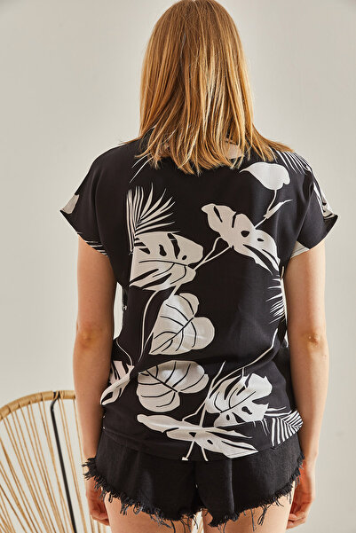 Bianco Lucci Damska czarna wzorzysta koszula wiskozowa z krótkim rękawem40831005