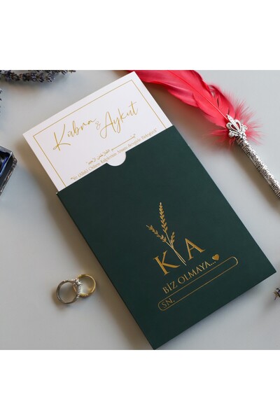 Pixel Davetiye 50 Adet - Yeşil Yaldızlı Davetiye Yeni Model Düğün - Nişan - N...