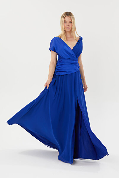 HaHelin Omuz Detaylı V Yaka  Belden Drapeli Uzun Elbise Abiye