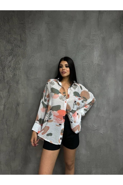 İgnites Women's Beige-Orange Ethnic Patterned Loose Long Sleeve Classic Colla...