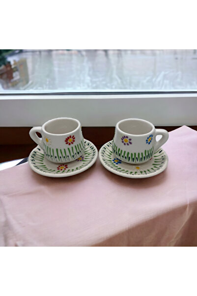 şeffafavm Floral Embossed Patterned Handmade Ceramic Cup 2-Pack