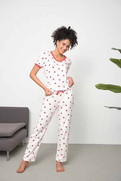 ESPİNA Women's Metraj Printed Cotton Knitted Heart Pajama Set