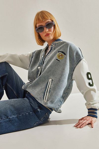 Bianco Lucci Embroidered Rib Detailed Women's Denim Jacket - Pocket, Model60251065