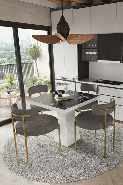 AVVİO ARONA  Beyaz Lake MDF Ayak  90x90 Yemek Masası Mutfak Masası 4 Kişilik ...