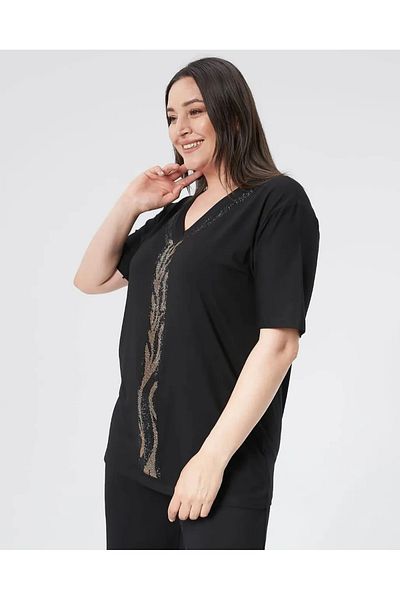 CAFCAF Women's Plus Size Collar and Front Stripe Jewelled Black