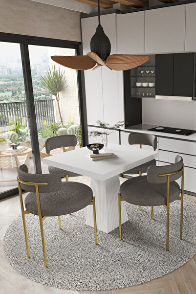 AVVİO ARONA  Beyaz Lake MDF Ayak  90x90 Yemek Masası Mutfak Masası 4 Kişilik ...