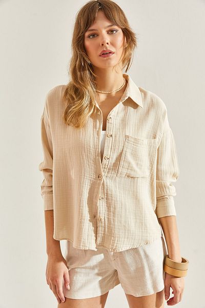 Bianco Lucci Cămașă oversize de muselină pentru femei - cu buzunare, model 60251104