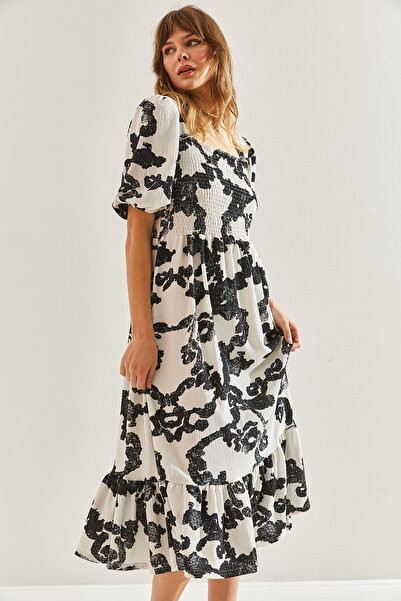 Bianco Lucci Τετράγωνο γιακά Frilly Φούστα Midi Φόρεμα -60251099