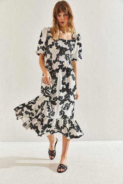 Bianco Lucci Τετράγωνο γιακά Frilly Φούστα Midi Φόρεμα -60251099