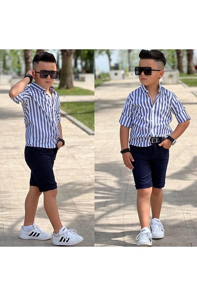 rainkids New Season Striped Shirt Belted Shorts Set - RKSG270