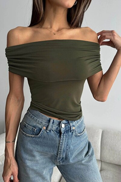 Eka Γυναικεία Χακί Μπλούζα Madonna γιακά 1018-0323