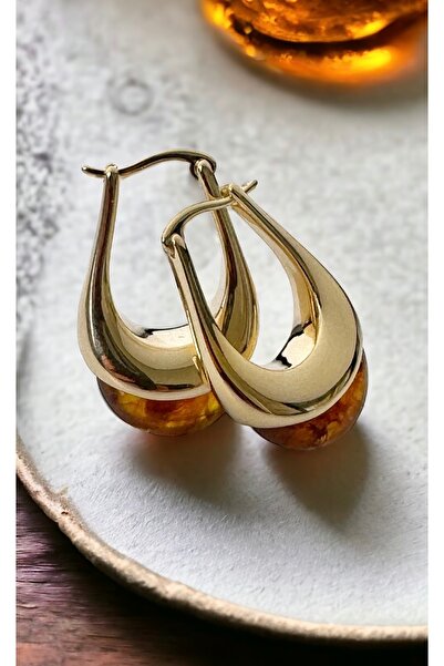 İthal Amber Serisi-Altın Kaplama Gold Oval Küpe
