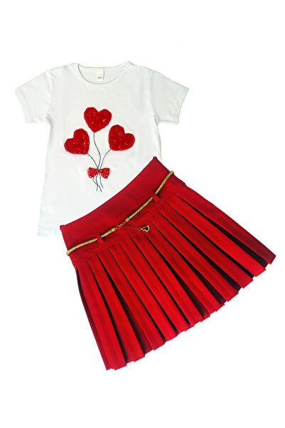 Pastelsnz Kalpli Payetli Kırmızı Pileli Kız Çocuk Takım- 23 Nisan Tören Elbisesi