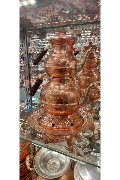 Bakır Center إبريق شاي نحاسي وإبريق شاي نحاسي مصنوع يدويًا منقوش ومطحون مع مو...