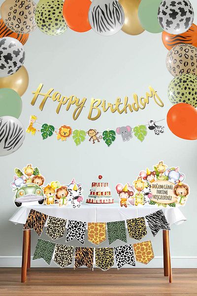 PEKSHOP Safari Birthday Luxury Party Set Balloon Chain Streamer Table Top Standing Displays Set Maxi 84 Pieces