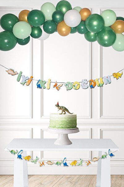 PEKSHOP Dinozor Konsept Doğum Günü Balon Zinciri Banner İyi ki Doğdun Yazı Seti