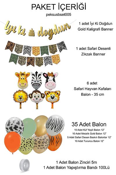 PEKSHOP Safari Birthday Party Set Balloon Chain Happy Birthday Streamer Set Animal Head Balloons