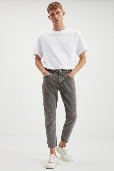 GRIMELANGE Gılberto Men's Carrot Fit Carrot Leg Distressed Washed Thick Textured Denim Grey Jeans