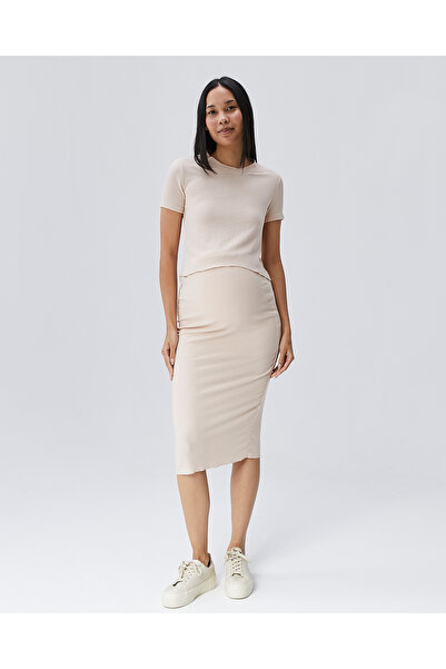 LYN MAMA George Beige Adjustable Waist Maternity Skirt Top Set